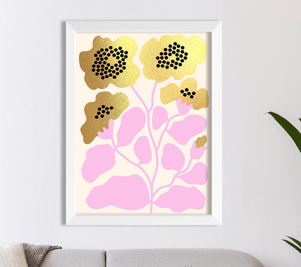 Blumen und goldene Blütenblätter, Goldfoliendruck