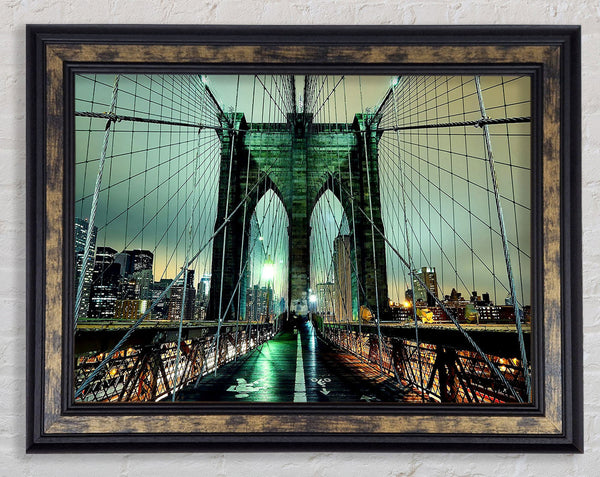 Brooklyn Bridge At Night Green Glow Framed Print