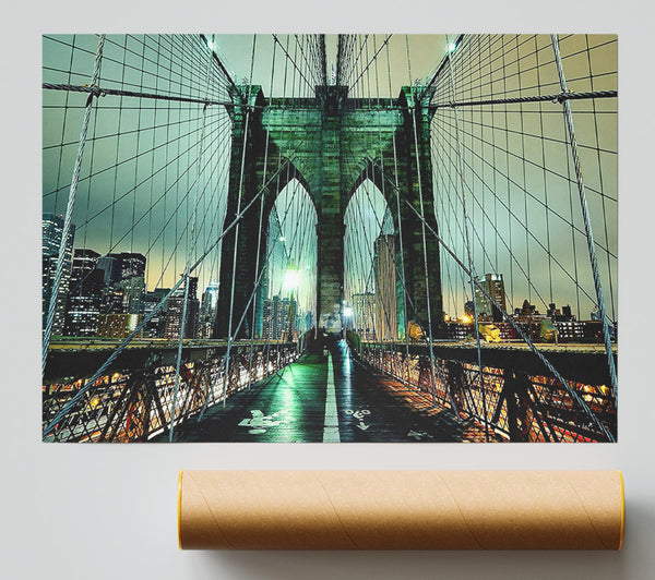 Brooklyn Bridge At Night Green Glow Poster