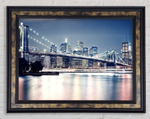 Brooklyn Bridge At Night Pink Waters Framed Print