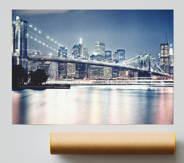 Brooklyn Bridge At Night Pink Waters Giclee Print