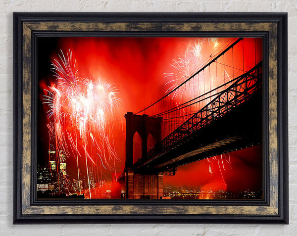 Brooklyn Bridge Fireworks Framed Print