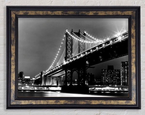 Brooklyn Bridge Lights B n W Framed Print
