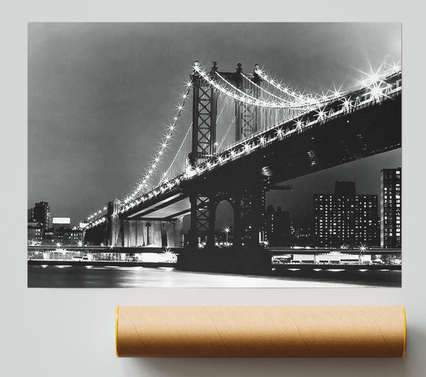 Brooklyn Bridge Lights B N W Print