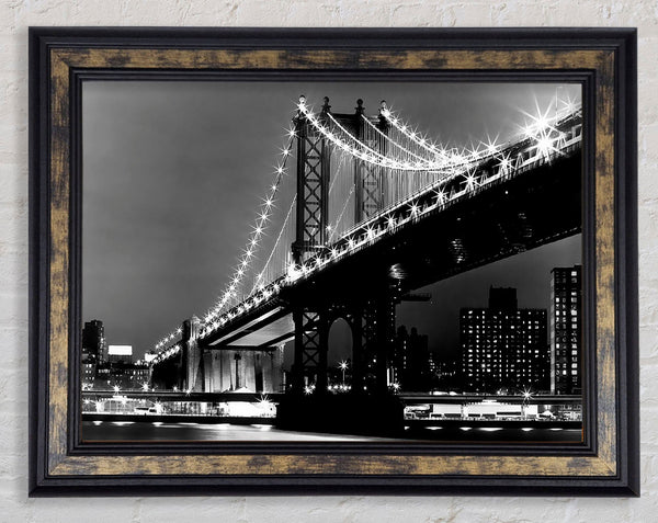 Brooklyn Bridge Night Lights B n W Framed Print
