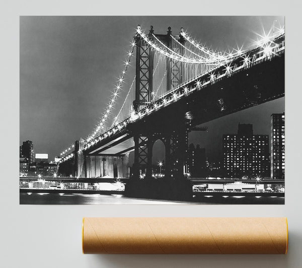 Brooklyn Bridge Night Lights B N W Poster