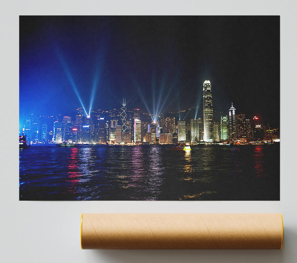 Hong Kong Strobe Light Reflections Poster