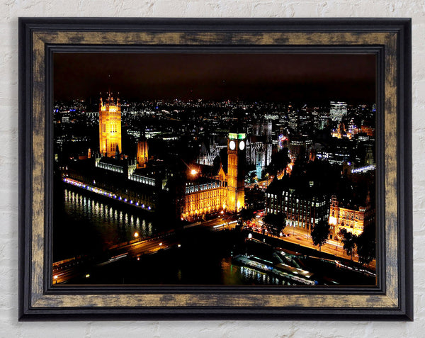 London Ariel View Night Lights Framed Print