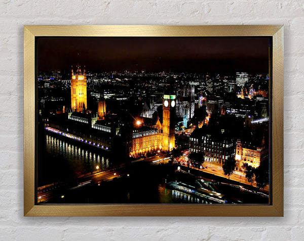 London Ariel View Night Lights Framed Print