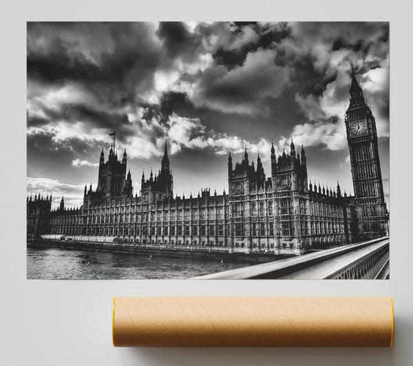 London Houses Of Parliament B N W Storm Clouds Print