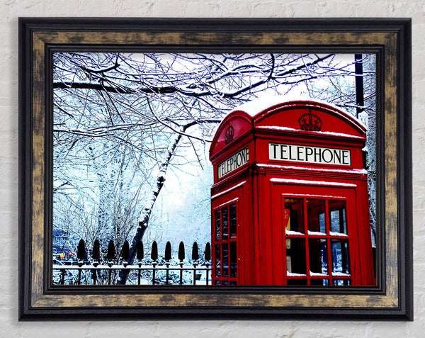 London Telephone Box In The Snow Framed Print