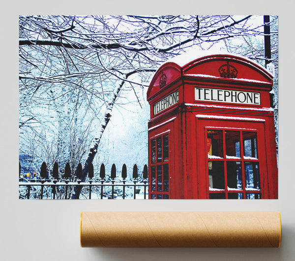 London Telephone Box In The Snow Giclee Print