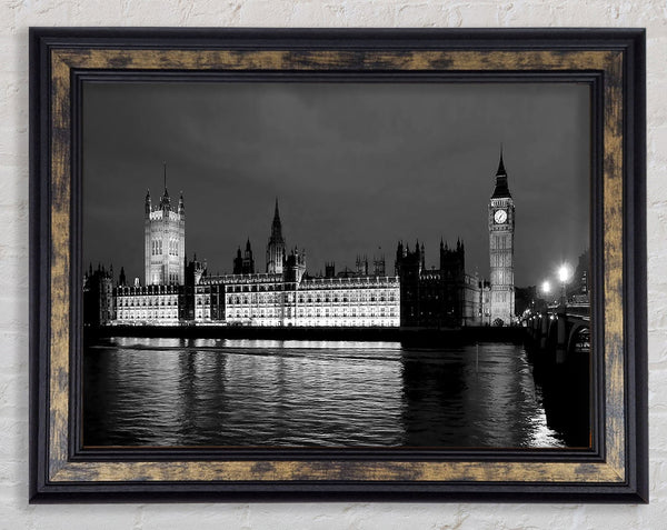 London Thames Houses Of Parliament B n W Night Framed Print