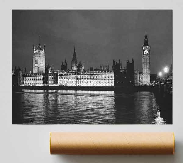 London Thames Houses Of Parliament B N W Night Poster
