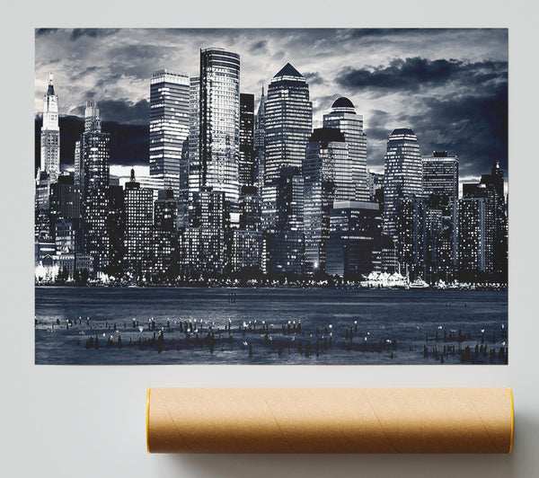 Manhattan Panorama In Blue Giclee Print