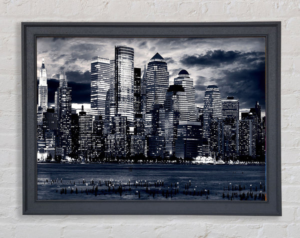 Manhattan Panorama In Blue Framed Print