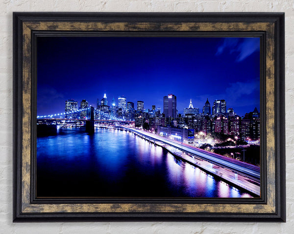 New York City Brooklyn Bridge Ariel Night View Framed Print