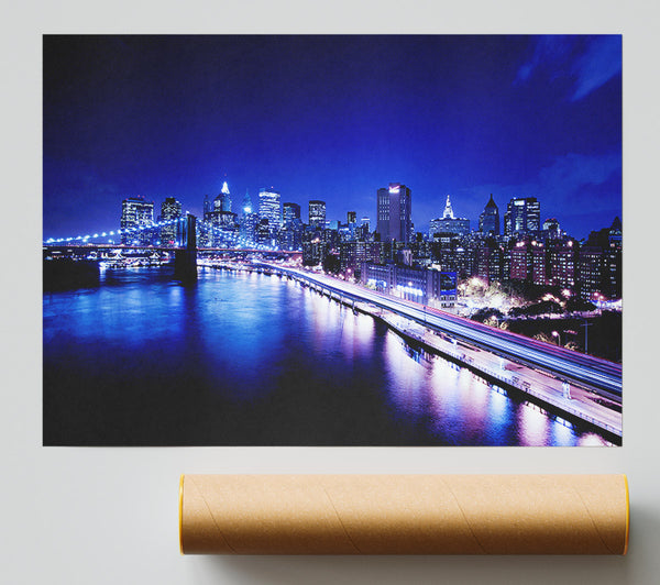New York City Brooklyn Bridge Ariel Night View Giclee Print