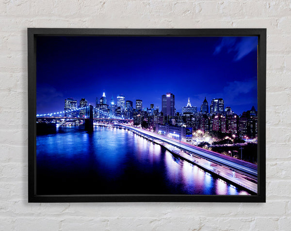 New York City Brooklyn Bridge Ariel Night View Framed Print