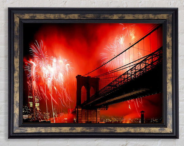 New York City Brooklyn Bridge Fireworks Red Framed Print