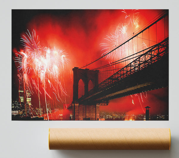 New York City Brooklyn Bridge Fireworks Red Print