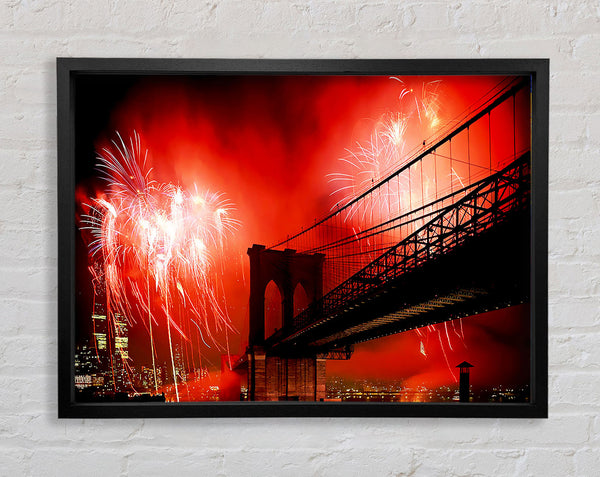 New York City Brooklyn Bridge Fireworks Red Framed Print