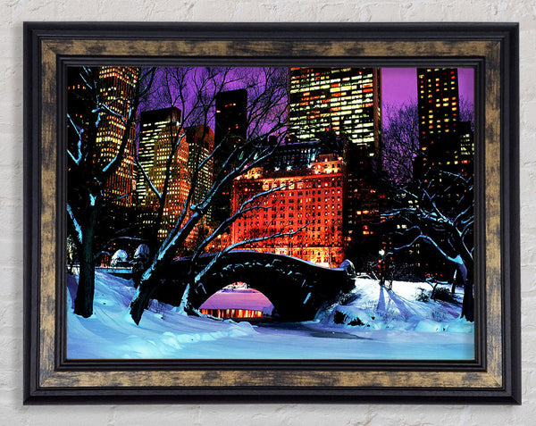 New York City Central Park Night Snow Framed Print