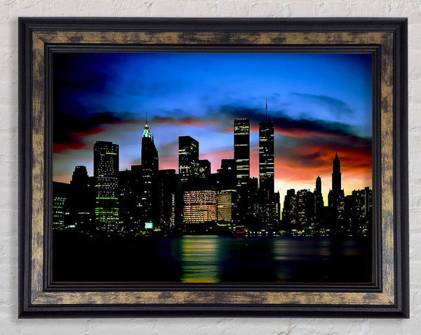 New York City Twin Towers At Night Framed Print