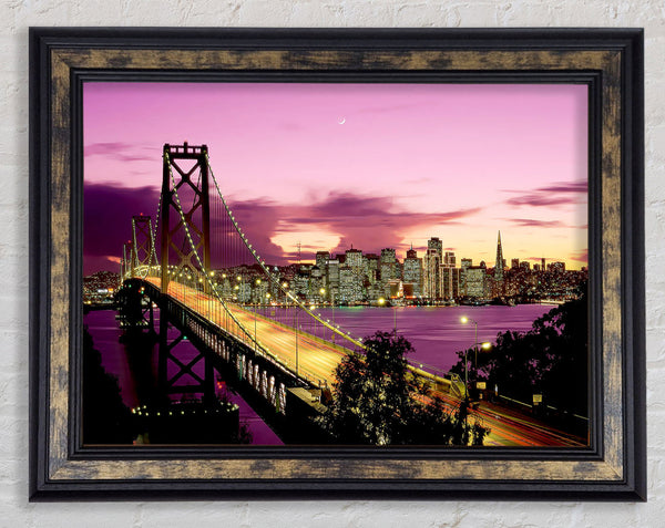 New York Harbour Brooklyn Bridge Purple Framed Print