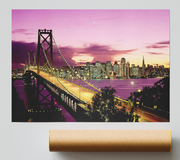 New York Harbour Brooklyn Bridge Purple Poster
