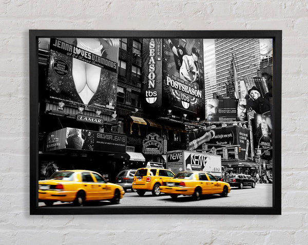 Nyc Broadway Cabs B n W Yellow Framed Print