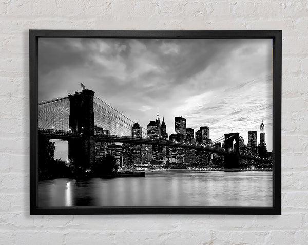NYC Brooklyn Bridge B n W Cloudy Night Framed Print