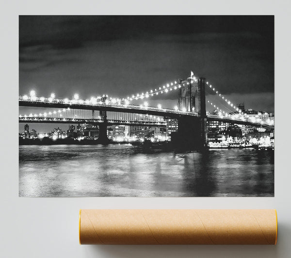 Nyc Night Bridge B N W Print