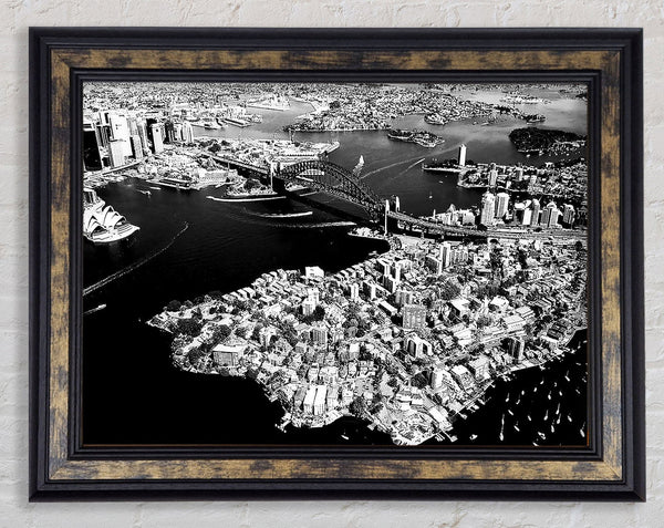 Sydney Harbour Bridge Ariel View B n W Framed Print
