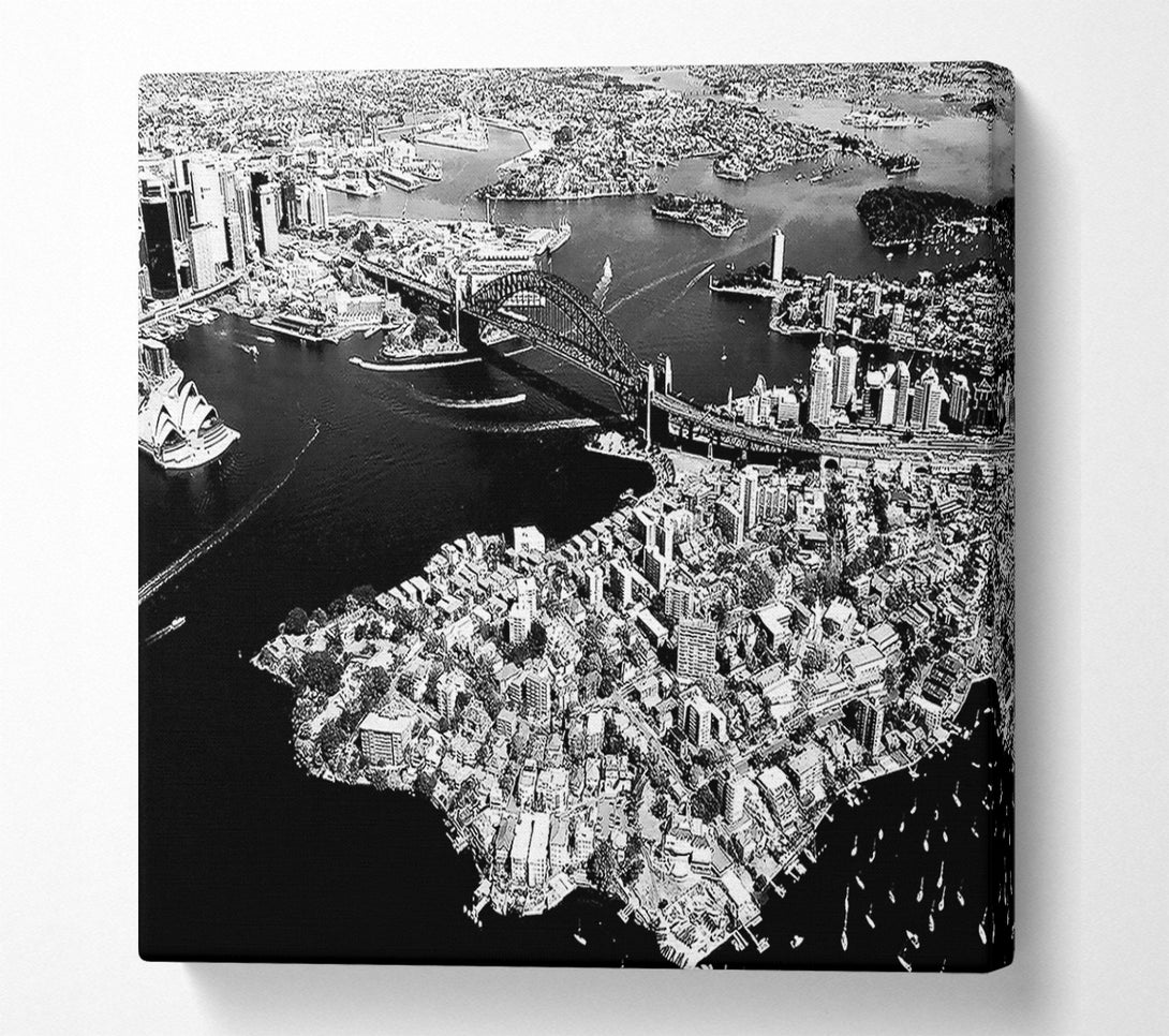  A Canvas Print of Sydney Harbour Bridge Ariel View B n W Canvas Print