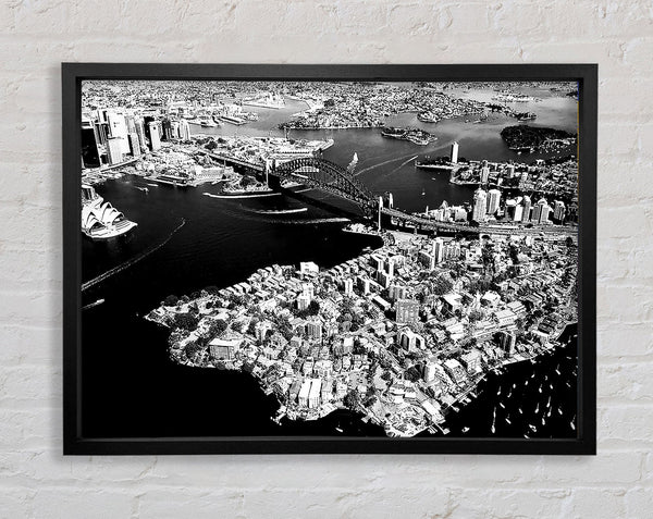 Sydney Harbour Bridge Ariel View B n W Framed Print