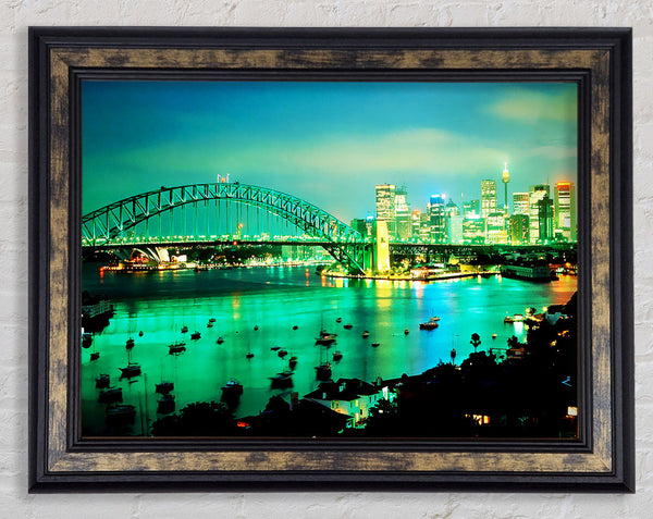 Sydney Harbour Bridge Green Glow Framed Print