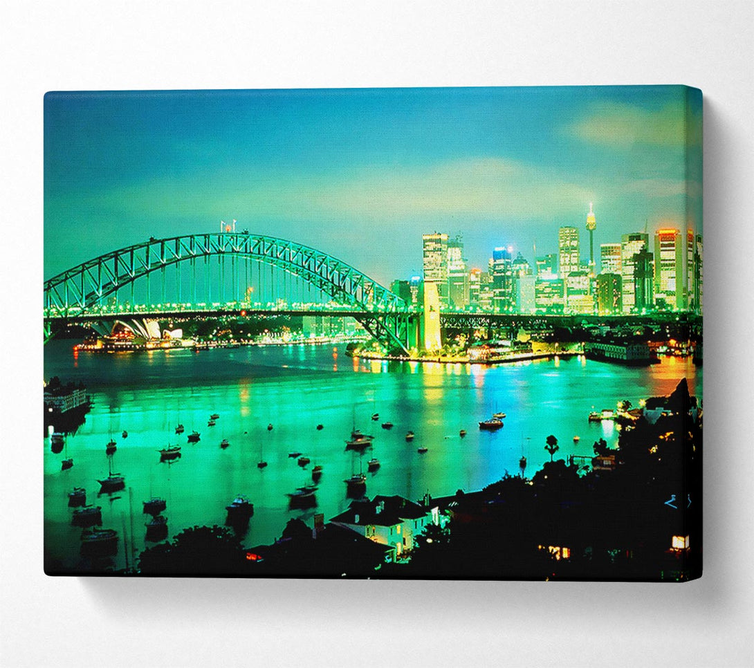  A Canvas Print of Sydney Harbour Bridge Green Glow Canvas Print