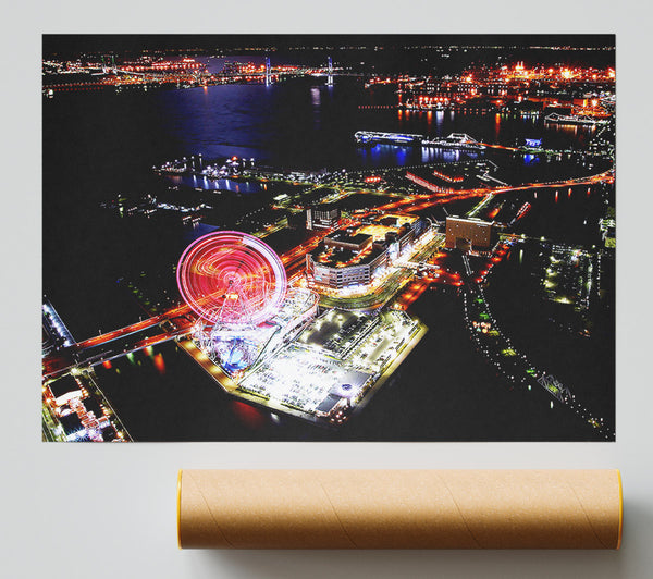 Tokyo City Funfair Night Lights Poster