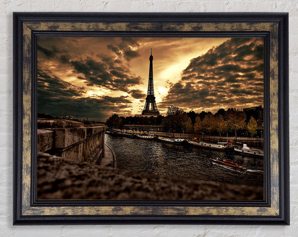 Eiffel Tower Sepia Clouds Framed Print