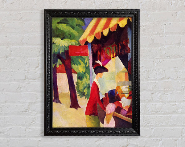 August Macke Before Hutladen Woman With A Red Jacket And Child Framed Print