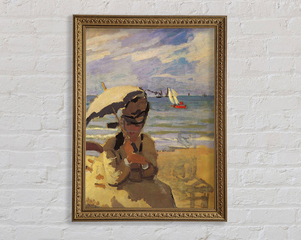 Monet Camille Monet On The Beach At Trouville Framed Print