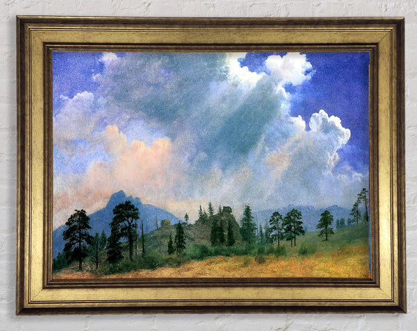 Bierstadt Fir Trees And Storm Clouds Framed Print