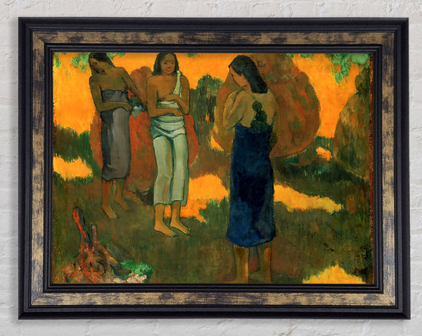Gauguin Three Tahitain Women Against A Yellow Background Framed Print