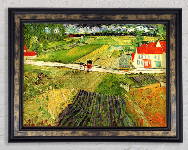 Van Gogh Landscape With Carriage And Train In The Background Framed Print