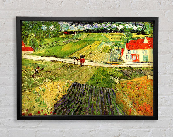 Van Gogh Landscape With Carriage And Train In The Background Framed Print