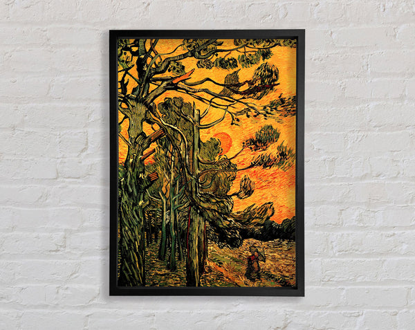 Van Gogh Pine Trees Against A Red Sky With Setting Sun Framed Print