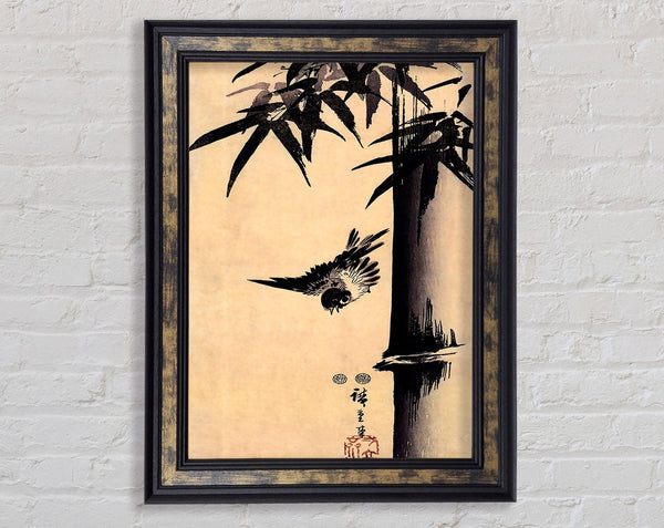 Hiroshige Sparrow And Bamboo 2 Framed Print