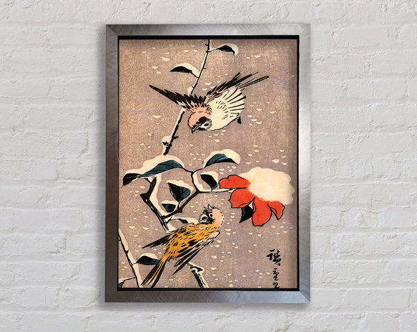 Hiroshige Sparrows And Camelias With Snow Framed Print