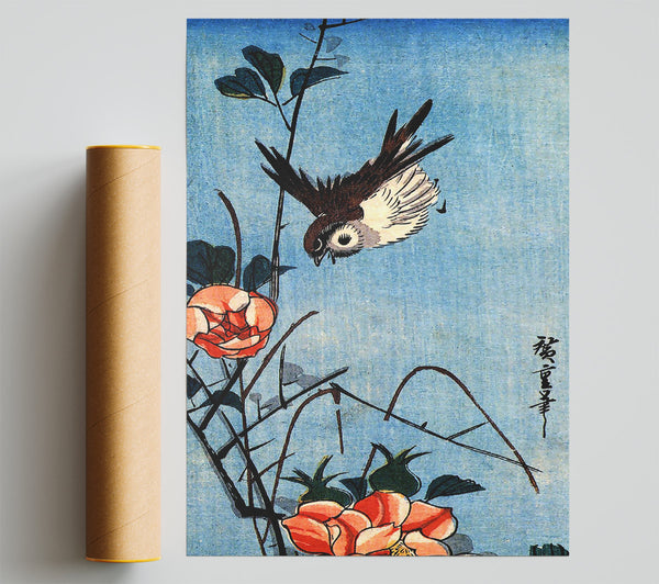 Hiroshige Sparrows And Wild Rose Print